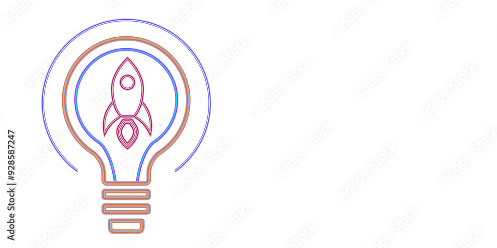 Poster an outlined lightbulb with a rocket inside, isolated on a white background. concept of creativity an