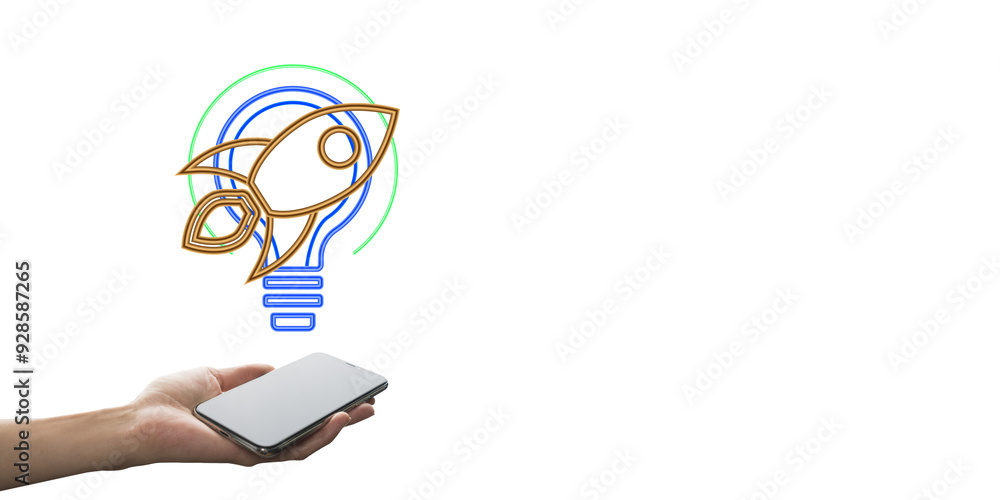 Poster a hand holds a smartphone with lightbulb and rocket icon above on white background, representing a c