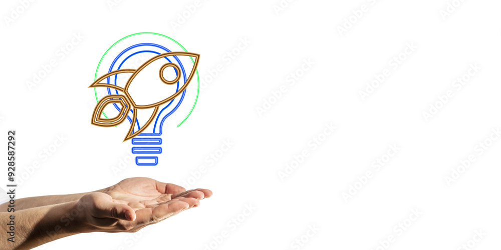 Poster hands holding a lightbulb with a rocket icon symbolizing creativity and innovation, on a white backg