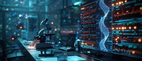 Futuristic Biotech Lab Hologram - DNA Analysis Tools in Ultra-High-Definition for Genetic Research, Biotechnology, and Medical Advancements