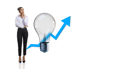 Businesswoman thinking next to a lightbulb and upward arrow on a white background. Concept of growth, ideas, and creativity in business