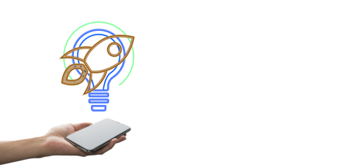 A hand holds a smartphone with lightbulb and rocket icon above on white background, representing a creative startup concept and innovation
