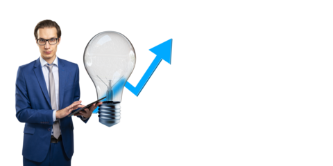 A businessman in a blue suit holding a tablet, accompanied by a lightbulb and upward arrow on a white background, symbolizing growth and innovation
