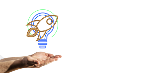 Hands holding a lightbulb with a rocket icon symbolizing creativity and innovation, on a white background, concept of launching ideas