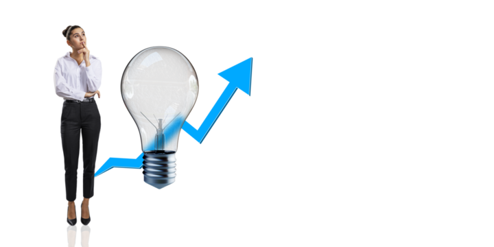 Businesswoman thinking next to a lightbulb and upward arrow on a white background. Concept of growth, ideas, and creativity in business