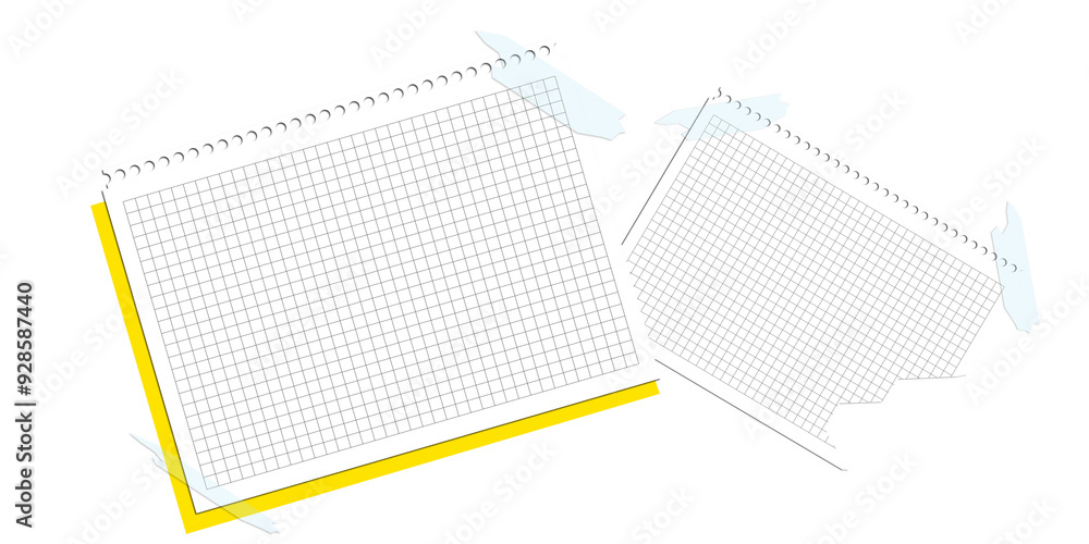 Poster torn grid paper sheets taped with blue adhesive on a white background. clean and isolated layout, us