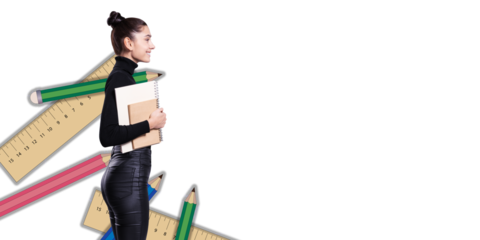 A student holding notebooks, standing against a white background with colorful pencils and rulers. Concept of education and back to school