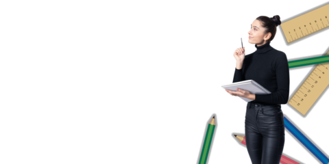 A student holding a notebook and pen, standing against a white background with oversized pencils and rulers. Concept of education and learning
