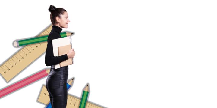 A student holding notebooks, standing against a white background with colorful pencils and rulers. Concept of education and back to school