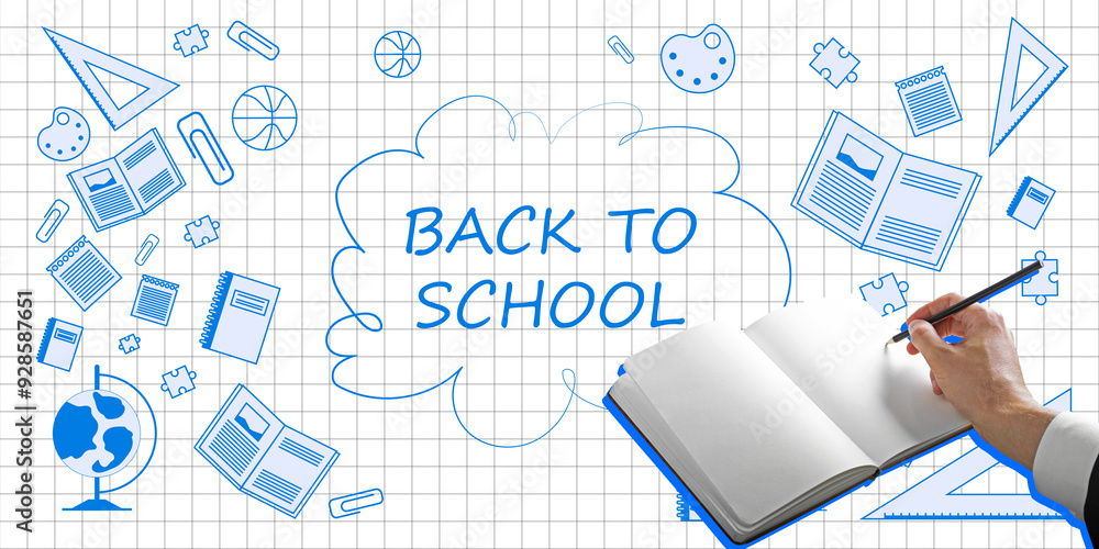 Poster back to school text with hand writing in notebook surrounded by blue school icons on graph paper bac