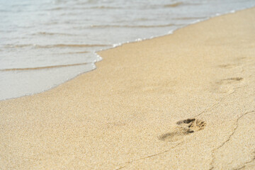 Traces on the wet sandy seashore with waves