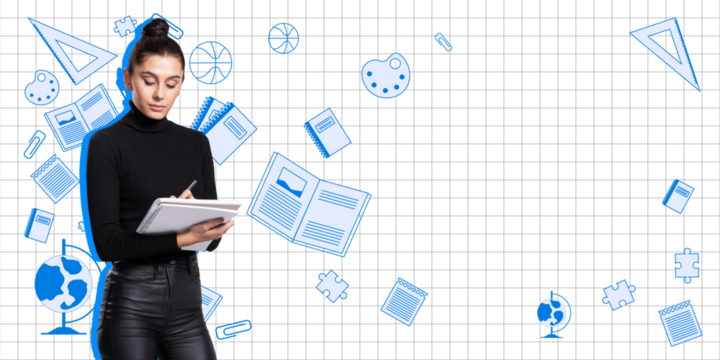 Student holding a notebook with school icons on grid background. Concept of education, learning, and school activities