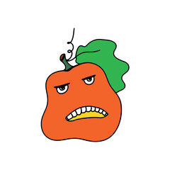 Funny Halloween pumpkin emoji illustration isolate. Jack-O-Lantern Emoji. Pumpkin logo, print, sticker, tattoo. Stylized art Halloween pumpkin print on fabric, paper. Halloween decorations.