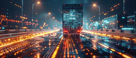 Obraz premium Advanced Smart Logistics Dashboard Hologram with Real-Time Data Visualization for Supply Chain Innovation and Transportation Technology