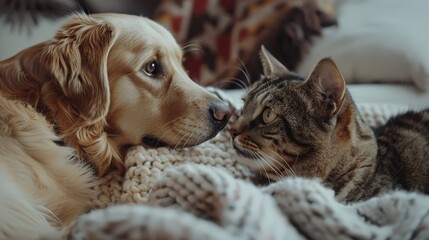 Golden Retriever and Tabby Cat on Blanket