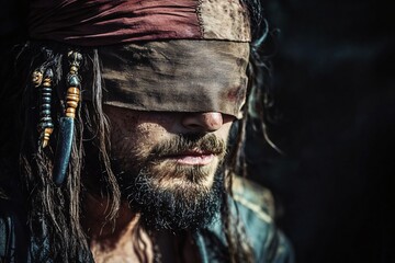 Mysterious pirate with a rugged appearance stands blindfolded in dim shadows, exuding danger and...