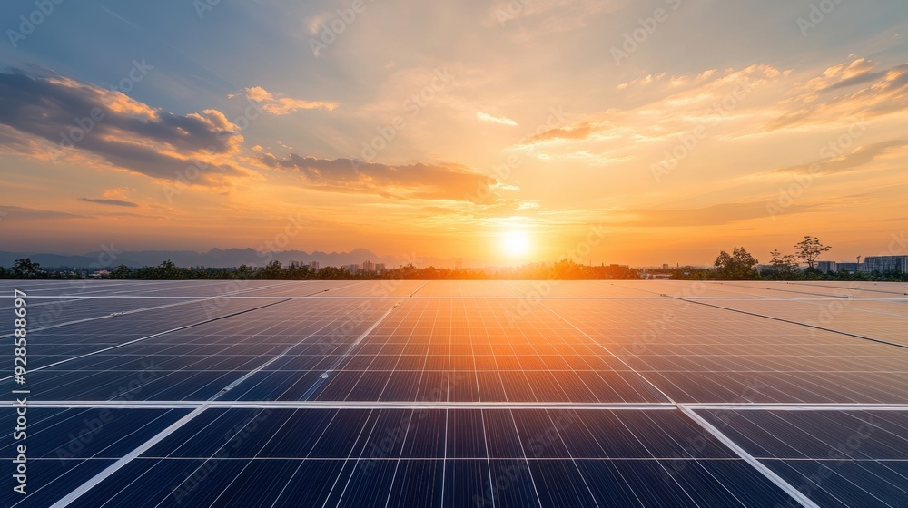 Poster a solar panel array with the sun setting in front of it, ai