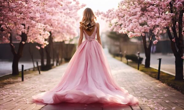 beautiful bride in pink wedding dress in spring