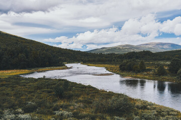 Fototapeta premium View of Einunna River from Einunndalen Valley, Norway's longest summer farm valley or 
