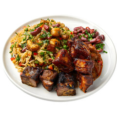 Fototapeta premium Delicious plate of african cuisine featuring grilled meat, flavorful rice, beans, and veggies, creating a colorful and tasty dish