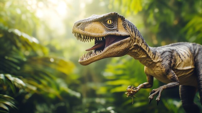 Eoraptor hunting small prey in a sundappled forest, CGI dinosaurs, early predator