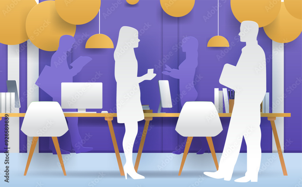 Aufkleber office workers discussing projects modern workspace silhouette figures in paper cut style. white and