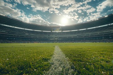Fototapeta premium A soccer field with the sun shining through the clouds, great for sports and outdoor scenes