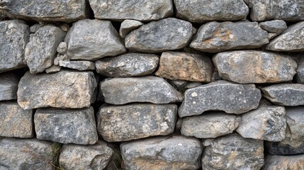 A detailed view of a dry stone wall, with interlocking stones and natural gaps.