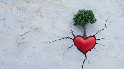 A tree growing through a cracked heart, representing healing emotional pain through mindful growth.