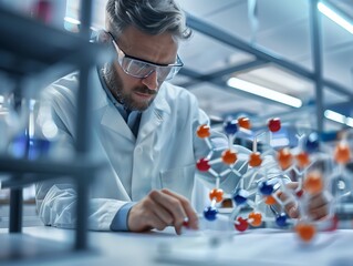 Focused Scientist Examining Molecular Model in Lab