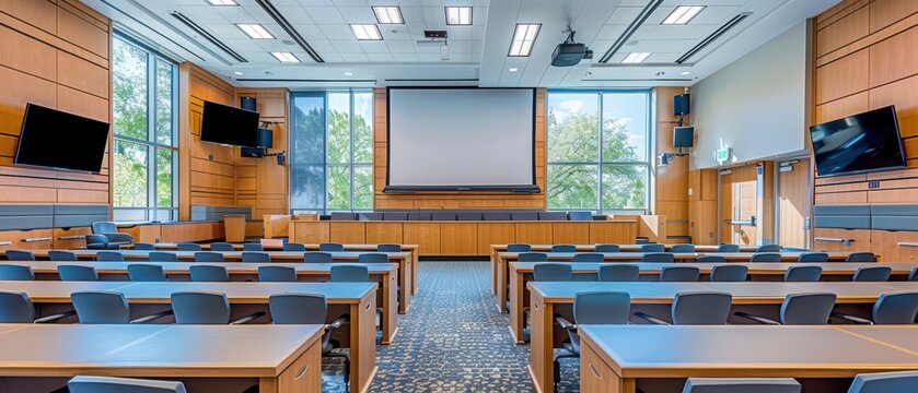 Futuristic Lecture Hall with Smart Podium Systems and Projectors for Advanced Teaching