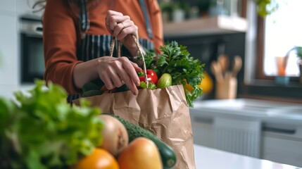 A brown paper bag with fresh fruits and vegetables on a white kitchen table
