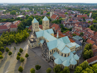City of Muenster, Germany, Aerial Shot of St. Paulus Dom in Evening. Munster in North Rhine Westphalia, NRW, Germany.