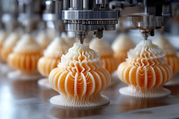 Designers creating 3D-printed food in a futuristic kitchen, food innovation, advanced culinary technology. Generative AI