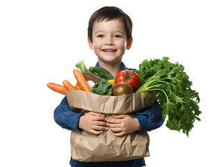 Adorable Child Holding a Bag of Fresh Vegetables. Healthy Eating Lifestyle Inspiration, Organic Food Marketing Concept