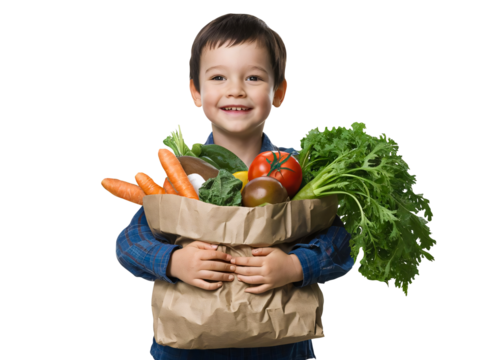 Adorable Child Holding a Bag of Fresh Vegetables. Healthy Eating Lifestyle Inspiration, Organic Food Marketing Concept