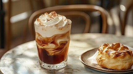 A glass of iced coffee with cream swirling through it, placed on a cafaA table with a pastry.