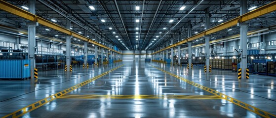 Fototapeta premium Cutting-Edge Industrial Automation: Modern Factory Floor with Smart Robotics and Monitoring Screens