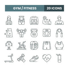 Gym and fitness icon set in outline style