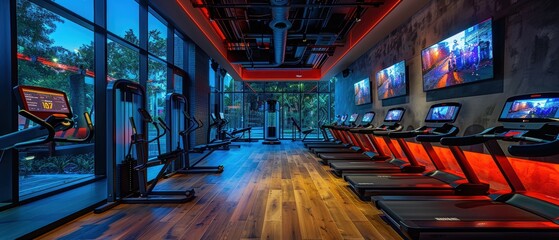 Futuristic Smart Fitness Studio: Interactive Workouts, Advanced Tech, Displays
