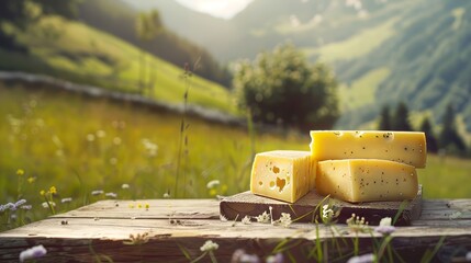 Cheeses on a wooden table against the backdrop of alpine meadows
