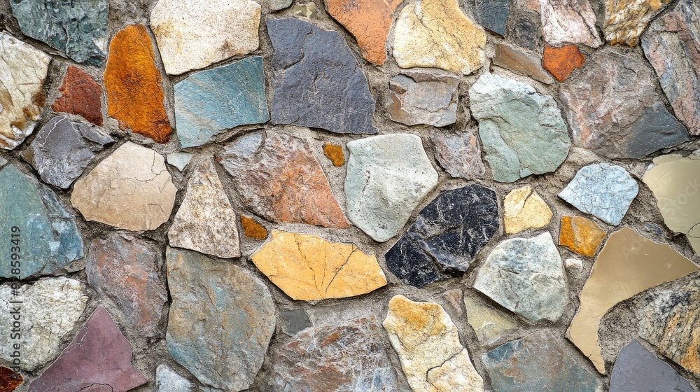 Poster a high-definition image of a mosaic stone wall, with intricate patterns and colors.