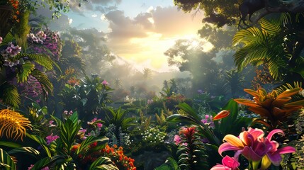 Garden of Eden, filled with vibrant flowers, exotic plants, and peaceful animals