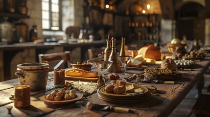 A long table set with ancient dishes, bread, and wine in an ancient room