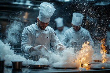 Chefs experimenting with molecular gastronomy techniques, modern kitchen, food science innovation. Generative AI