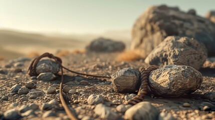 A detailed close-up of David's sling and stones lying on the ground