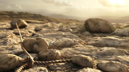 Obraz premium A detailed close-up of David's sling and stones lying on the ground