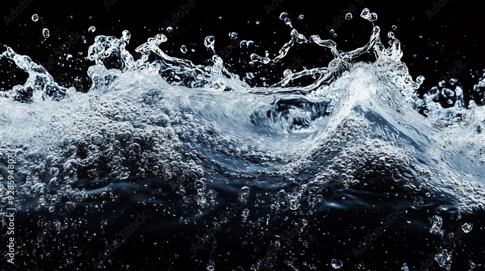 Poster dynamic water splashes with bubbles on a dark background