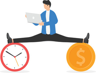 man in business suit meditates between gold coin with dollar icon and clock, find balance and harmony
