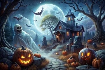 Halloween concept background of realistic horror house and creepy street with moonlight